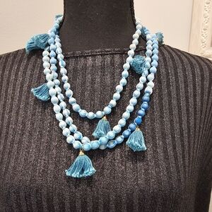 Elegant Blue Beaded Necklace with Tassels